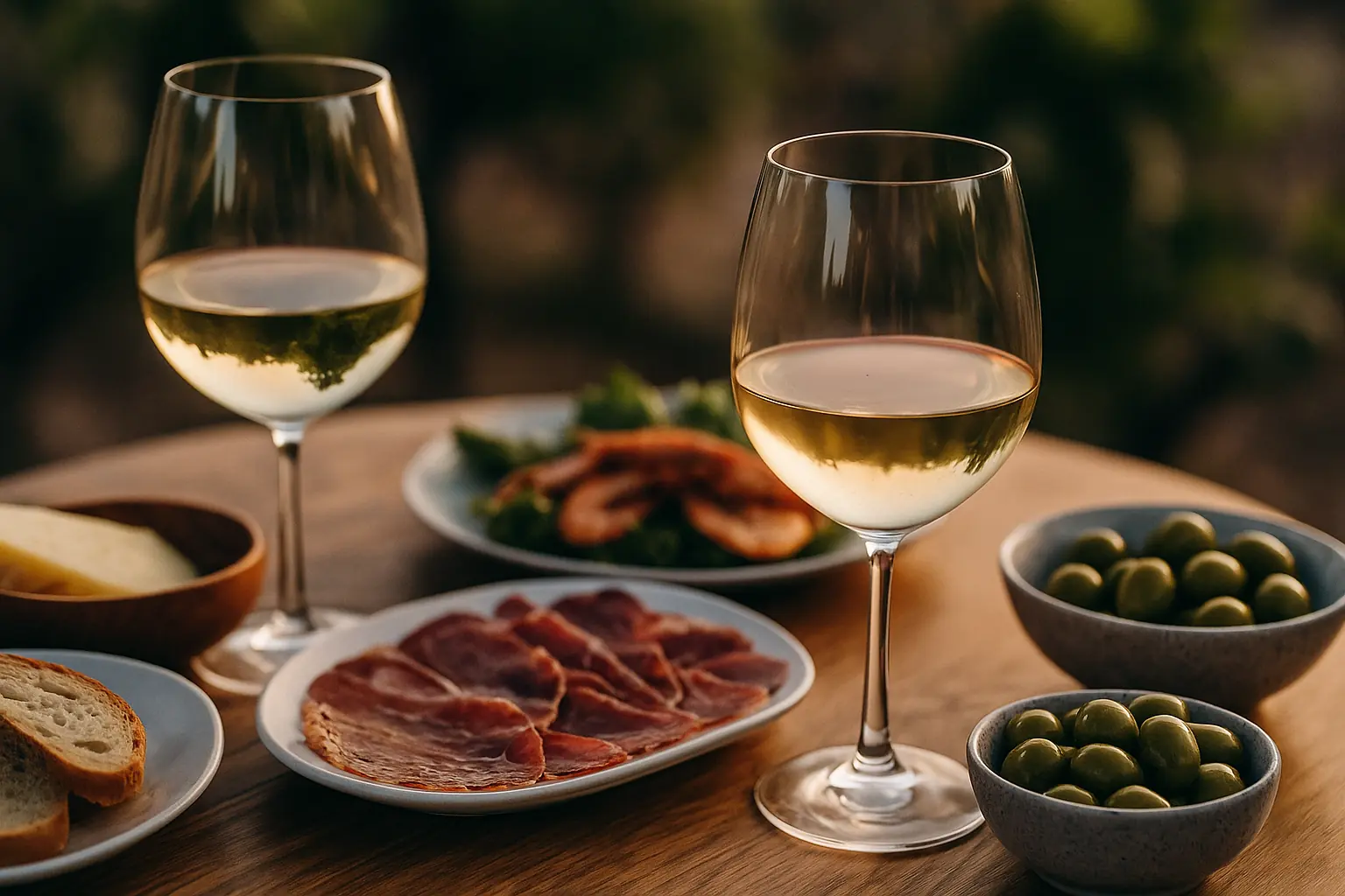 Copas de vino godello con maridaje de tapas al aire libre al atardecer.