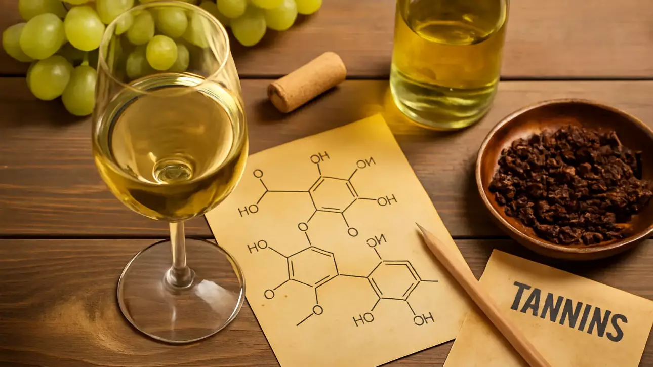 Componentes del vino representados visualmente con copa, uvas, botella y fórmula química sobre mesa rústica.