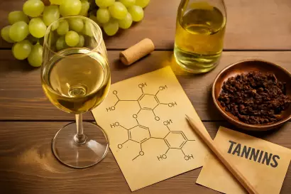 Componentes del vino representados visualmente con copa, uvas, botella y fórmula química sobre mesa rústica.