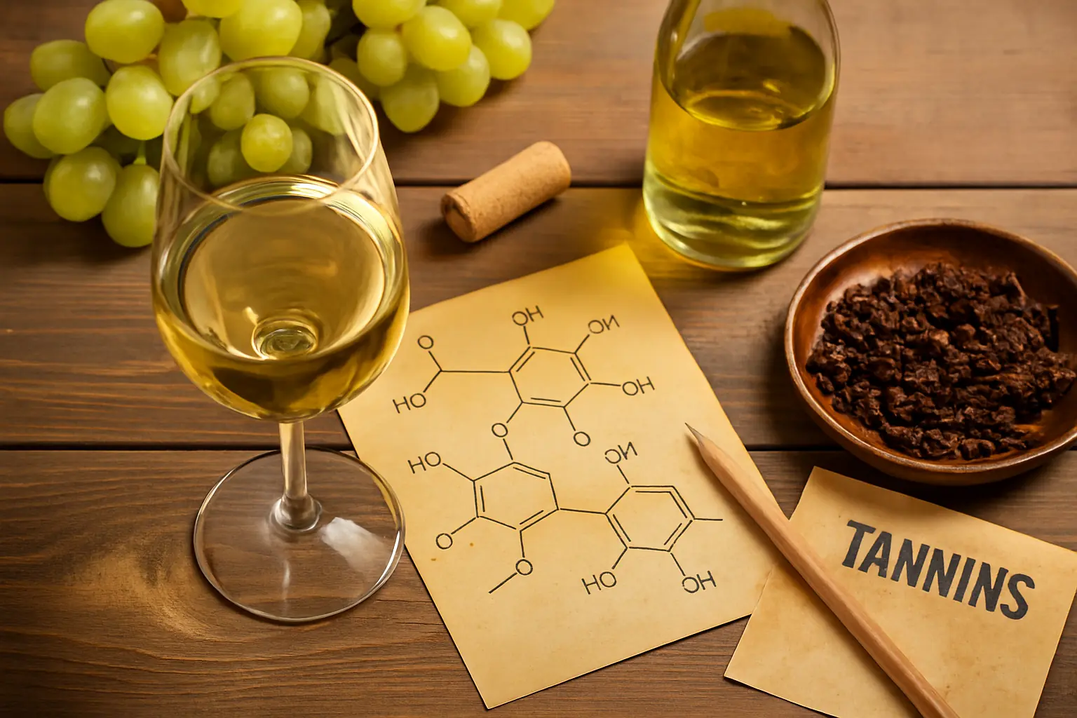 Componentes del vino representados visualmente con copa, uvas, botella y fórmula química sobre mesa rústica.