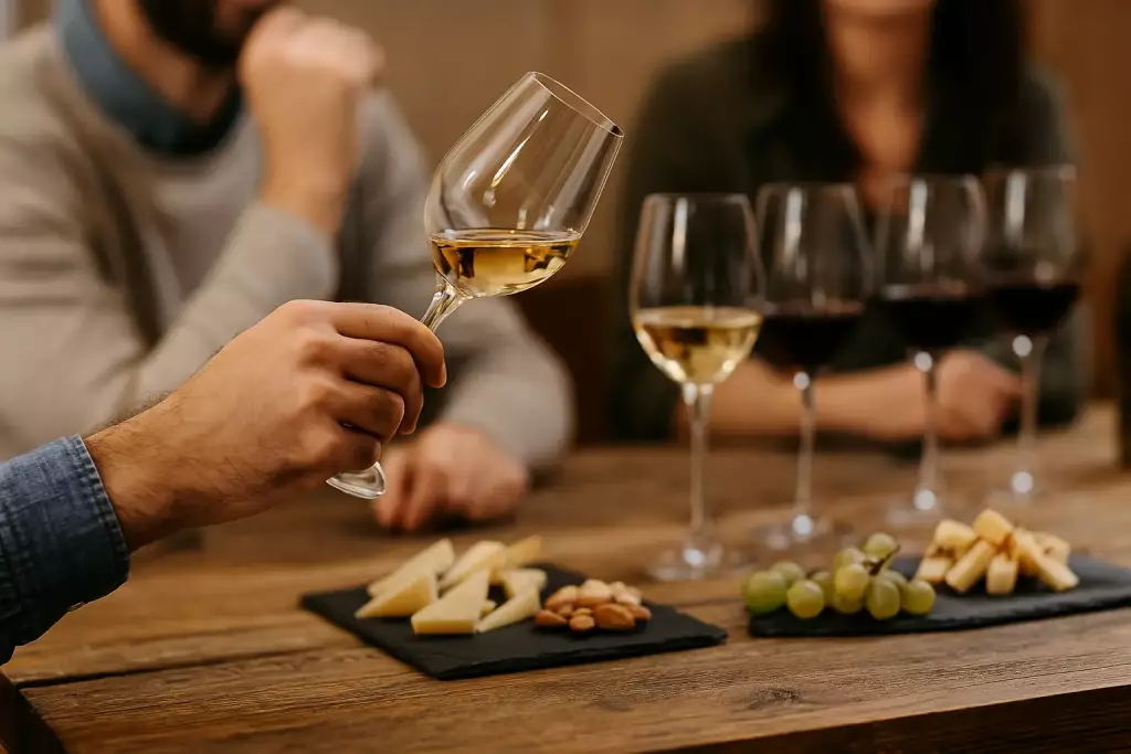 Cata de vino en ambiente elegante con copas servidas, mientras aprenden sobre los componentes del vino