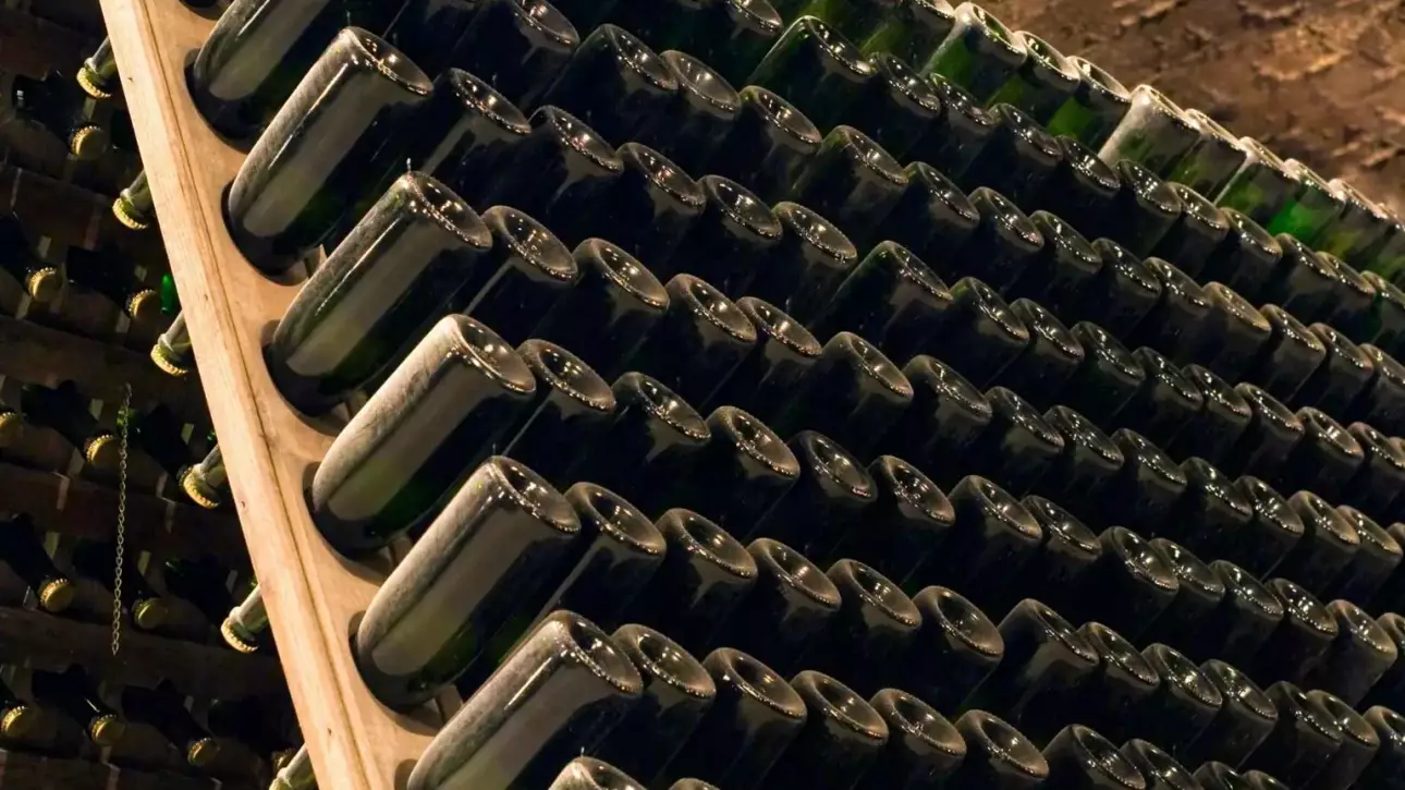 Botellas de vino espumoso natural Pet Nat reposando en posición invertida durante el proceso de elaboración tradicional.