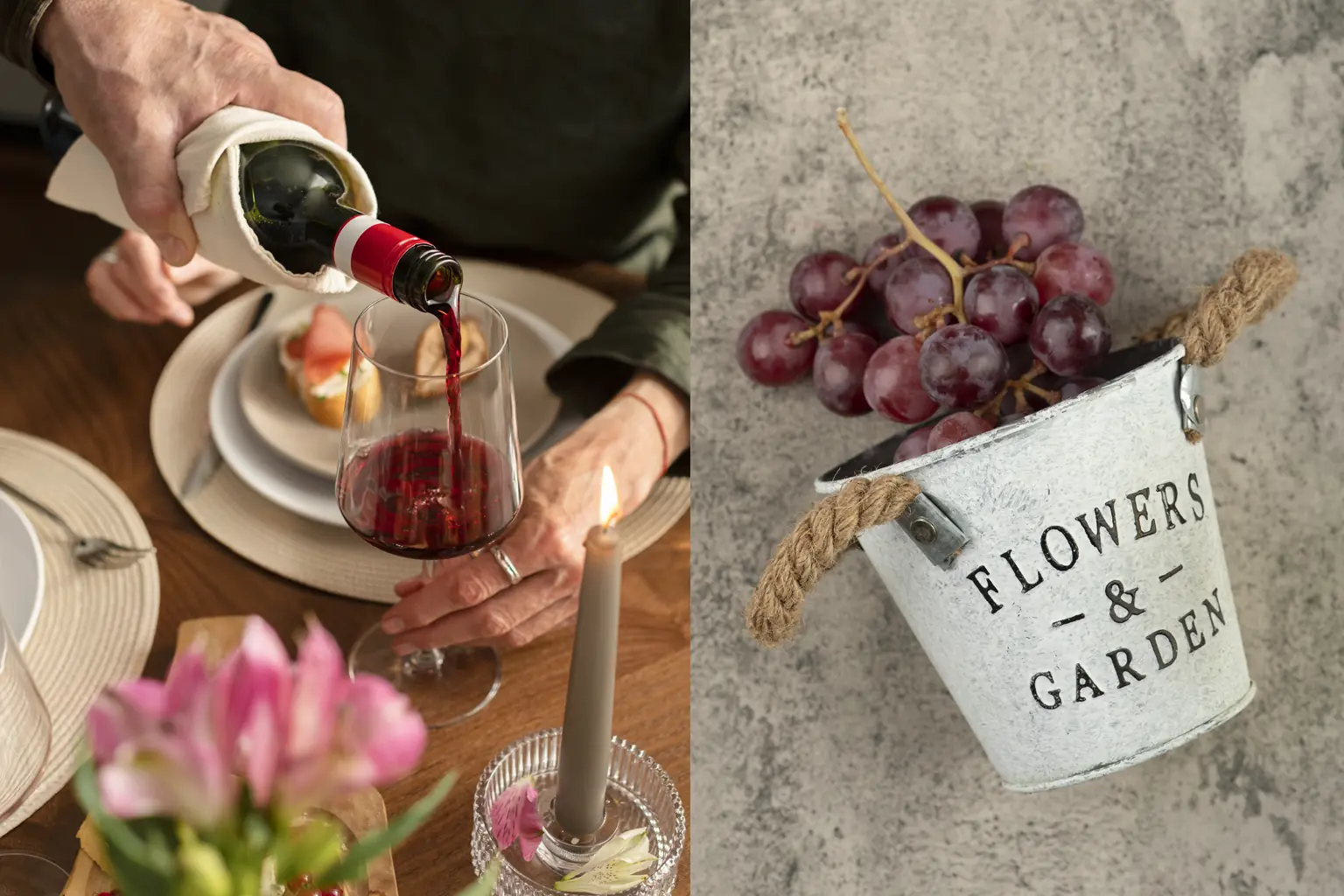 Vino natural sirviéndose en una cena con ambiente acogedor y uvas frescas