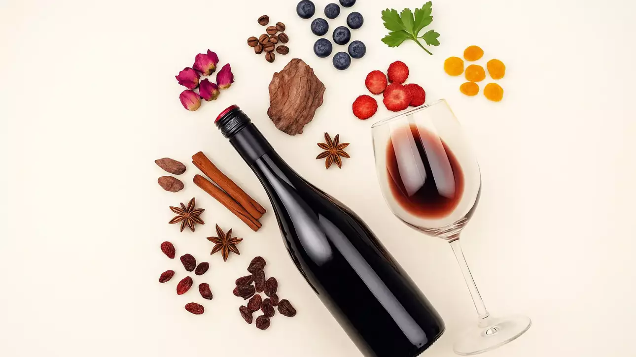 Copa de vino tinto con botella y alimentos que representan los taninos, como frutos rojos, especias y cacao sobre fondo claro