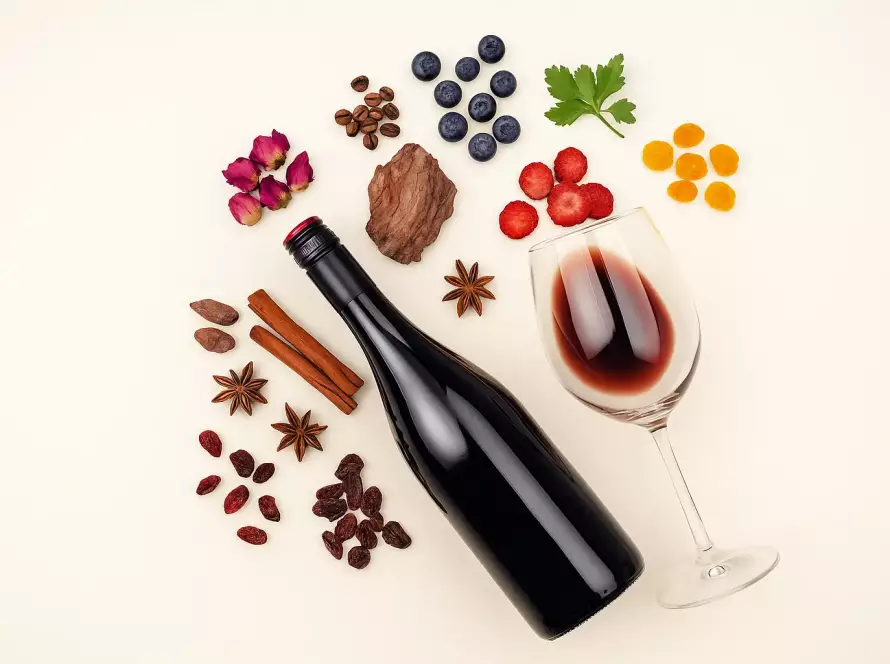 Copa de vino tinto con botella y alimentos que representan los taninos, como frutos rojos, especias y cacao sobre fondo claro
