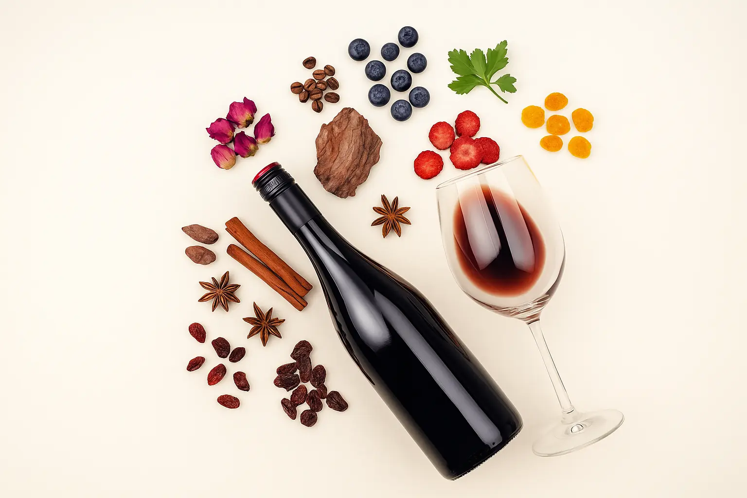 Copa de vino tinto con botella y alimentos que representan los taninos, como frutos rojos, especias y cacao sobre fondo claro