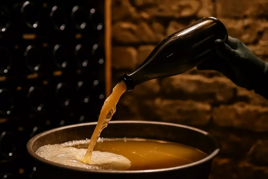 Degüelle de vino espumoso Pet Nat en bodega artesanal